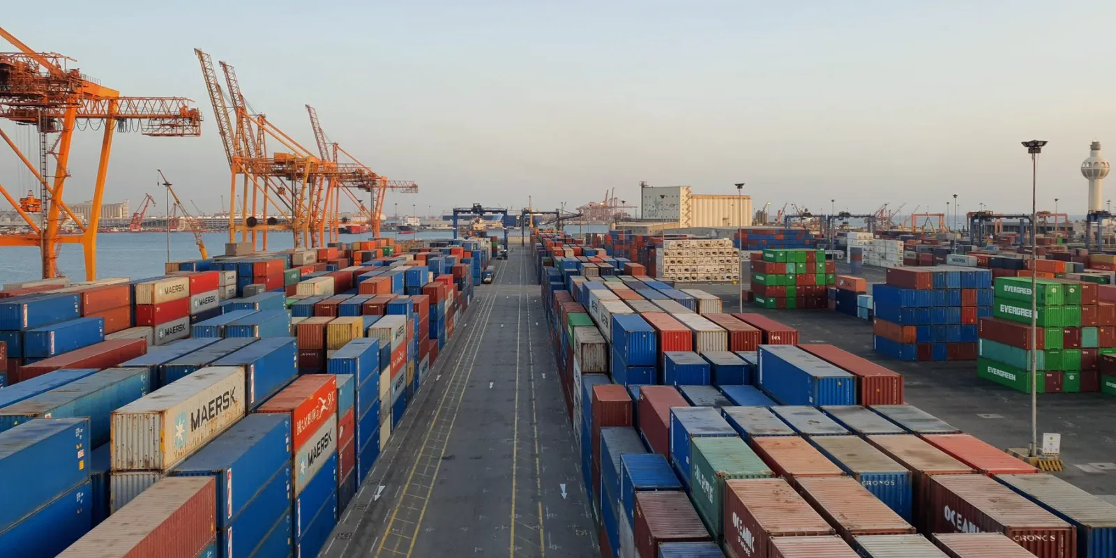 Shipping containers stacked at a container port